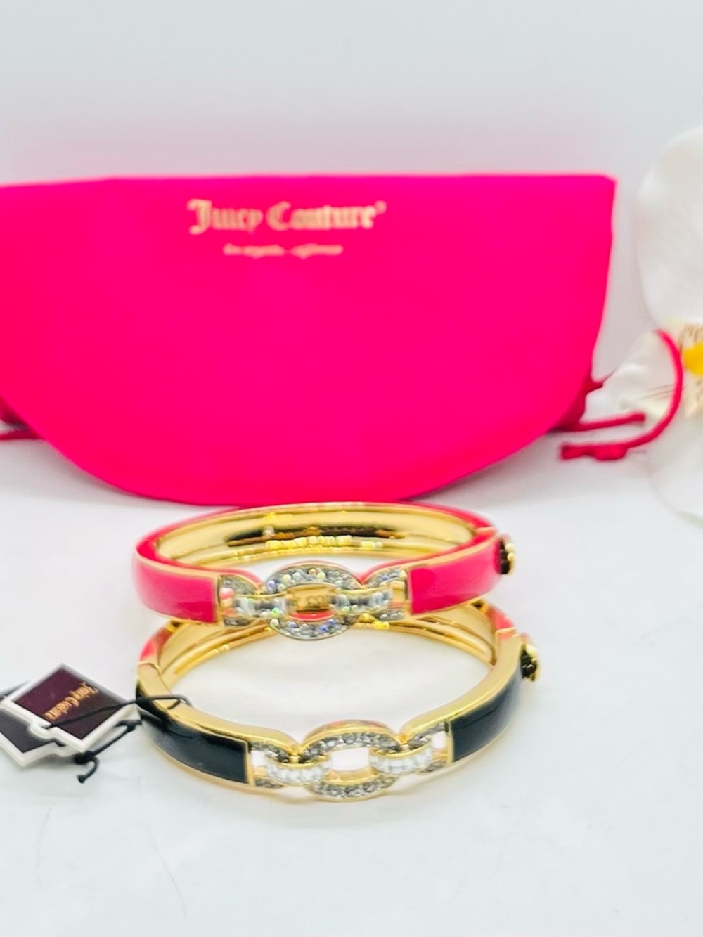 Juicy Couture Hot Pink & Black Enamel Link Bangle Set with Rhinestones